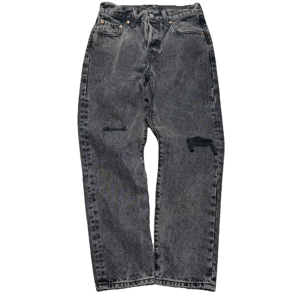 Levi's 501 Button Fly Jeans Women's 25x26 Black Grey Distressed Straight Red Tab